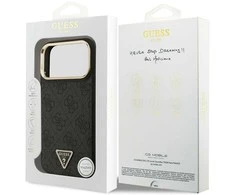 Guess PU Leather 4G Strass Triangle Logo Gold Frame MagSafe dėklas skirtas Apple iPhone 17 Pro Max juodos spalvos