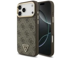 Guess PU Leather 4G Strass Triangle Logo Gold Frame MagSafe dėklas skirtas Apple iPhone 17 Pro Max rudos spalvos