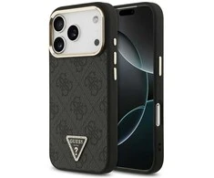 Guess PU Leather 4G Strass Triangle Logo Gold Frame MagSafe dėklas skirtas Apple iPhone 17 Pro juodos spalvos