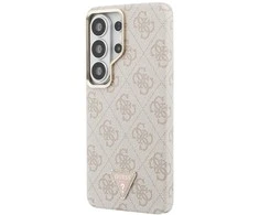 Guess PU Leather 4G Strass Triangle Logo Gold Frame Magnetic dėklas skirtas Samsung Galaxy S26 Ultra rožinės spalvos