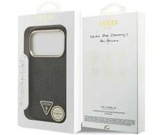 Guess PU Leather 4G Strass Triangle Logo Gold Frame MagSafe dėklas skirtas Apple iPhone 17 Pro juodos spalvos