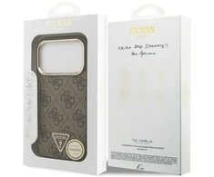 Guess PU Leather 4G Strass Triangle Logo Gold Frame MagSafe dėklas skirtas Apple iPhone 17 Pro rudos spalvos