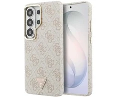 Guess PU Leather 4G Strass Triangle Logo Gold Frame Magnetic dėklas skirtas Samsung Galaxy S26 Ultra rožinės spalvos