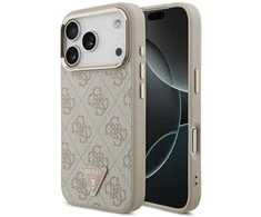 Guess PU Leather 4G Strass Triangle Logo Gold Frame MagSafe dėklas skirtas Apple iPhone 17 Pro rožinės spalvos