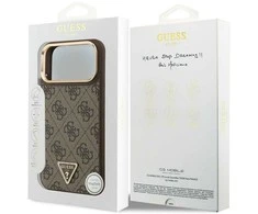 Guess PU Leather 4G Strass Triangle Logo Gold Frame MagSafe dėklas skirtas Apple iPhone 17 Pro Max rudos spalvos