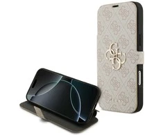 Guess Book 4G Metal Logo dėklas skirtas Apple iPhone 17 Pro Max rožinės spalvos