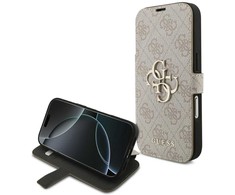 Guess Book 4G Metal Logo dėklas skirtas Apple iPhone 17 Pro rožinės spalvos