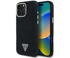 Guess Denim Triangle Logo MagSafe dėklas skirtas Apple iPhone 16 Pro juodos spalvos