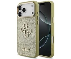 Guess Fixed Glitter Big 4G Metal Frame dėklas skirtas Apple iPhone 17 Pro Max aukso spalvos