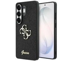 „Guess“ fiksuotas blizgučiais dengtas metalinis 4G logotipo dėklas, skirtas „Samsung Galaxy S26 Ultra“, juodas