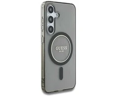 Dėklas Guess Glitter Circle Classic Logo MagSafe Samsung Galaxy S25 juodos spalvos