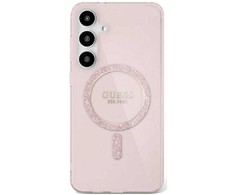 Dėklas Guess Glitter Circle Classic Logo MagSafe skirtas Samsung Galaxy S25 Ultra rožinės spalvos