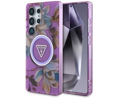 Original GUESS Glitter Flowers Triangle Mygtukai Magsafe Samsung Galaxy S25 Ultra dėklas telefonui violetinės spalvos