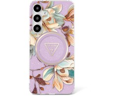 Original GUESS Glitter Flowers Triangle Mygtukai Magsafe Samsung Galaxy S25 Ultra dėklas telefonui violetinės spalvos