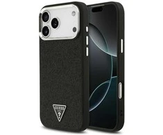 Dėklas Guess Glitter Triangle Logo MagSafe skirtas Apple iPhone 17 Pro Max juodos spalvos