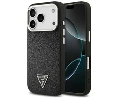 Dėklas Guess Glitter Triangle Logo MagSafe skirtas Apple iPhone 17 Pro juodos spalvos