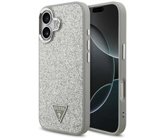 Dėklas Guess Glitter Triangle Logo MagSafe skirtas Apple iPhone 17 sidabro spalvos
