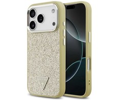 Dėklas „Guess“ blizgantis trikampio formos logotipas su „MagSafe“ dėklu, skirtu „iPhone 17 Pro“ – auksinis