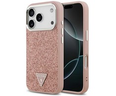 GUESS dėklas, skirtas IPHONE 17 Pro, suderinamas su „MagSafe“ GUHMP17LPFGTSCMP (PU blizgučiai su trikampio logotipu), rožinis