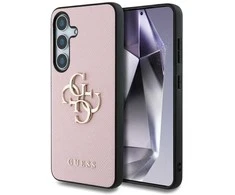 Guess Grained Big 4G Logo Small Classic Logo Samsung Galaxy S25 dėklas telefonui rožinės spalvos
