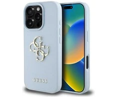 Guess Grained Big 4G Logo Small Classic Logo Apple iPhone 16 Pro dėklas telefonui mėlynos spalvos