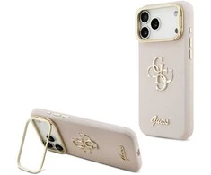 Guess PU Grained 4G Logo Stand Camera Frame dėklas skirtas Apple iPhone 17 Pro Max rožinės spalvos