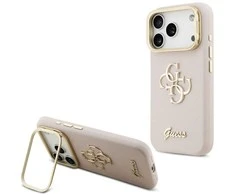 Guess PU Grained 4G Logo Stand Camera Frame dėklas skirtas Apple iPhone 17 Pro rožinės spalvos