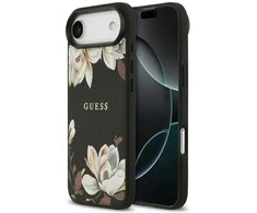 Guess Grained Flowers Classic Logo MagSafe dėklas skirtas Apple iPhone Air juodos spalvos