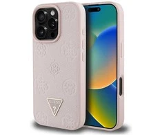 Originalus Dėklas GUESS Grained Hot Stamp Peony Triangle Logo MagSafe skirtas Apple iPhone 16 Pro rožinės spalvos
