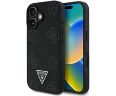 Originalus Dėklas GUESS Grained Hot Stamp Peony Triangle Logo MagSafe skirtas Apple iPhone 16 juodos spalvos