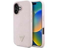Originalus Dėklas GUESS Grained Hot Stamp Peony Triangle Logo MagSafe skirtas Apple iPhone 16 rožinės spalvos