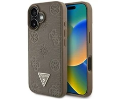Originalus Dėklas GUESS Grained Hot Stamp Peony Triangle Logo MagSafe skirtas Apple iPhone 16 rudos spalvos