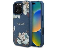 Guess Grained Printed Flower Pattern MagSafe - dėklas skirtas Apple iPhone 16 Pro mėlynas