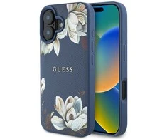 Guess Grained Printed Flower Pattern MagSafe Apple iPhone 16 dėklas telefonui mėlynos spalvos