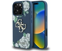 Originalus Dėklas GUESS Grained Roses Big 4G logo skirtas Apple iPhone 16 Pro Max mėlynos spalvos
