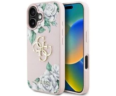 Originalus Dėklas GUESS Grained Roses Big 4G logo skirtas Apple iPhone 16 rožinės spalvos