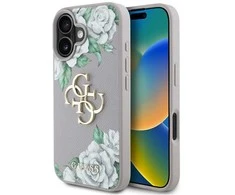 Dėklas Guess Grained Roses Big 4G logo skirtas Apple iPhone 16 violetinės spalvos