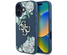 Originalus Dėklas GUESS Grained Roses Big 4G logo skirtas Apple iPhone 16 mėlynos spalvos