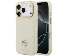 Dėklas Guess Grained Strass Logo MagSafe skirtas Apple iPhone 17 Pro beige