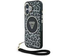 Guess HC IML Leopard Triangle Cord Strap Apple iPhone 16 MagSafe dėklas telefonui juodos spalvos