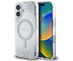 Dėklas Guess HC Resin Bottom Glitter Apple iPhone 16 MagSafe sidabro spalvos