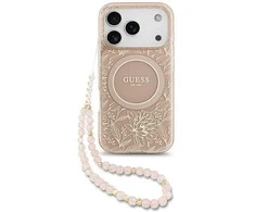 Guess IML Flowers Electro Pearl Strap MagSafe dėklas skirtas Apple iPhone 17 Pro rožinės spalvos