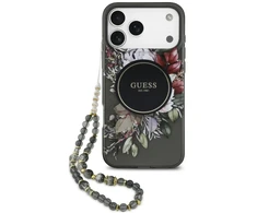 Dėklas Guess IML Flowers Pearl Strap MagSafe, skirtas iPhone 18 Pro Max / 17 Pro Max, juodas