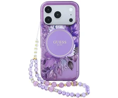 Dėklas Guess IML Flowers Pearl Strap MagSafe skirtas iPhone 18 Pro / 17 Pro violetinis