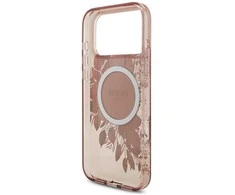 Guess IML Flowers Strap MagSafe dėklas skirtas Apple iPhone 17 Pro Max rožinės spalvos