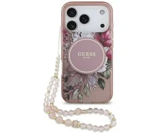 Guess IML Flowers virvelė MagSafe dėklas skirtas Apple iPhone 17 Pro rožinės spalvos