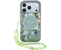 Dėklas Guess IML Flowers Pearl Strap MagSafe iPhone 18 Pro / 17 Pro žalias