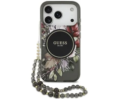 Dėklas Guess IML Flowers Pearl Strap MagSafe do iPhone 18 Pro / 17 Pro juoda