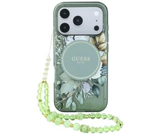 Dėklas Guess IML Flowers Pearl Strap MagSafe skirtas iPhone 18 Pro Max / 17 Pro Max žalias
