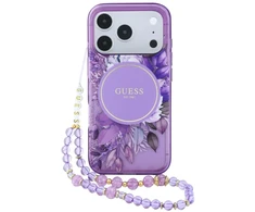 Dėklas Guess IML Flowers Pearl Strap MagSafe skirtas iPhone 18 Pro Max / 17 Pro Max, violetinis